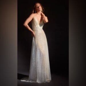 floor length sparkly gown with a micro train. Beautiful rhinestone front bodice
